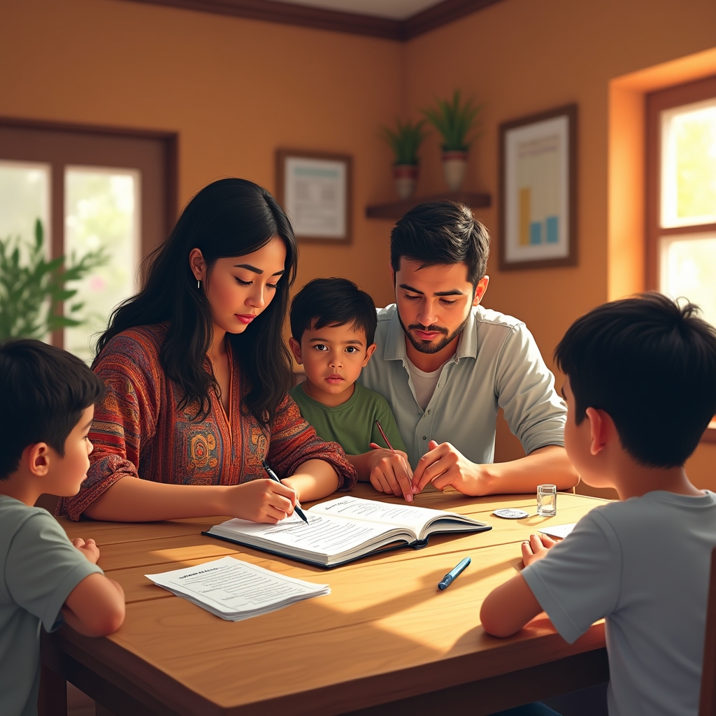Ecuadorian family reviewing household budget together