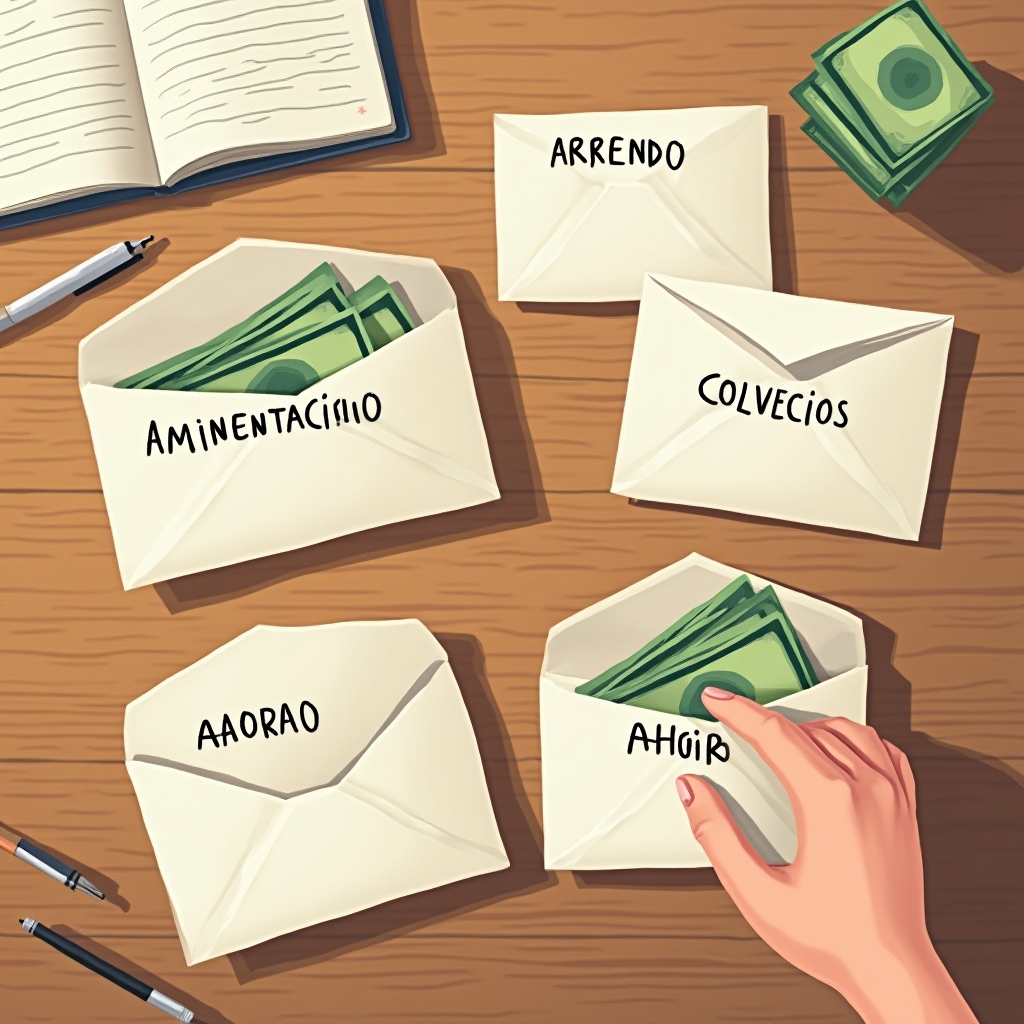 Household using the envelope method with labeled cash envelopes for budget categories