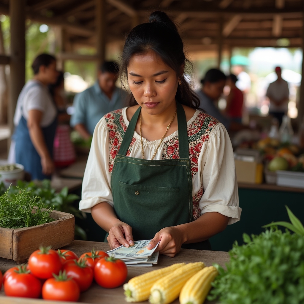 Small market vendor counting daily earnings in Ecuador