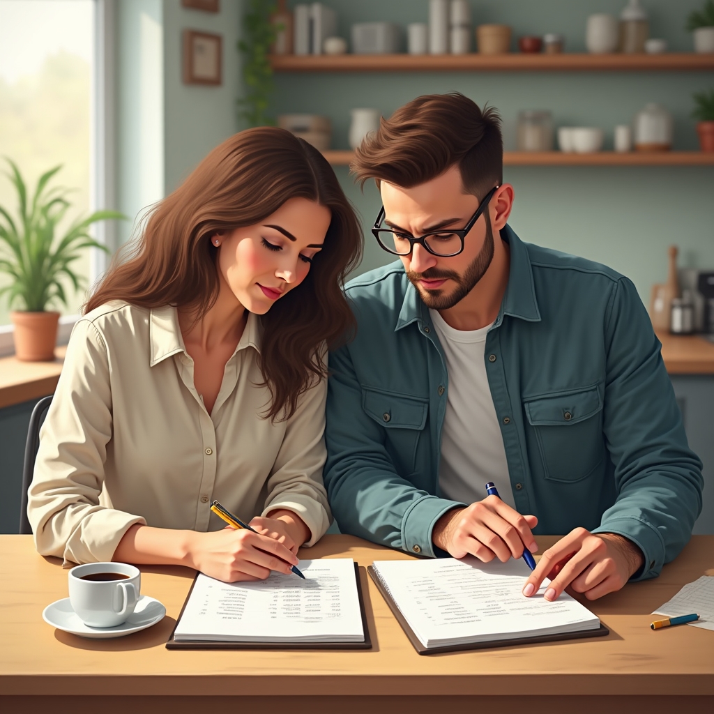 Couple with mixed income sources reviewing combined household budget documents