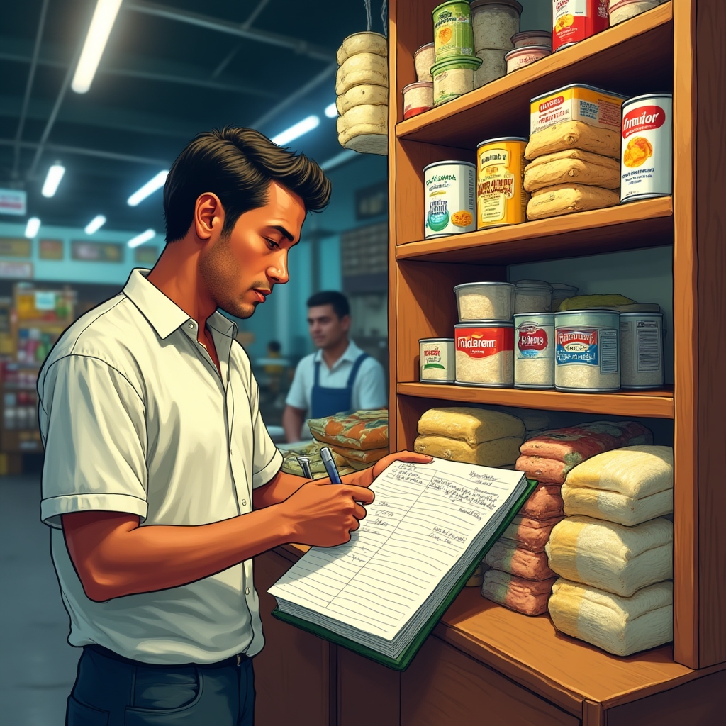 Small trader at a local market stall in Ecuador organizing products and finances